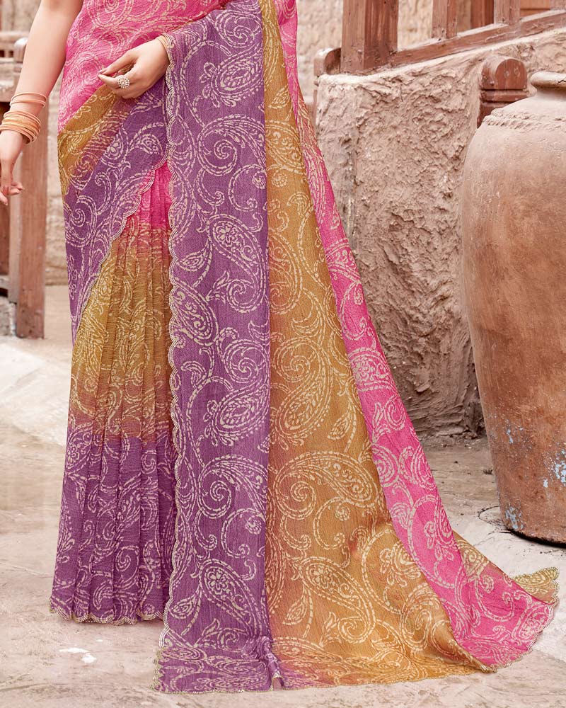 Vishal Prints Dusky Purple Printed Fancy Chiffon Designer Saree With Cut Work Border