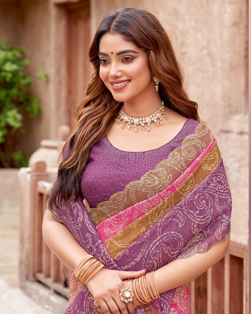Vishal Prints Dusky Purple Printed Fancy Chiffon Designer Saree With Cut Work Border