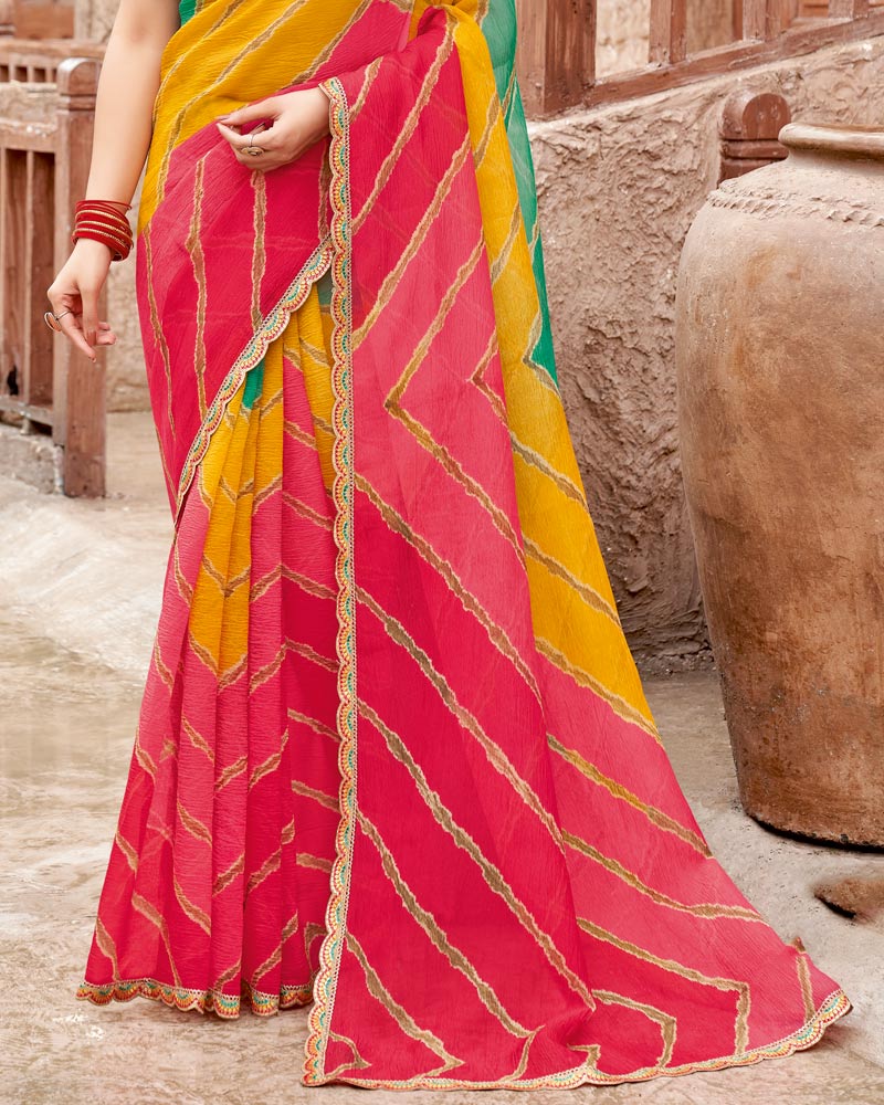 Vishal Prints Carmine Pink And Ochre Printed Fancy Chiffon Traditional Print Saree With Cut Work Border