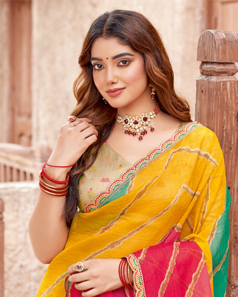 Vishal Prints Carmine Pink And Ochre Printed Fancy Chiffon Traditional Print Saree With Cut Work Border