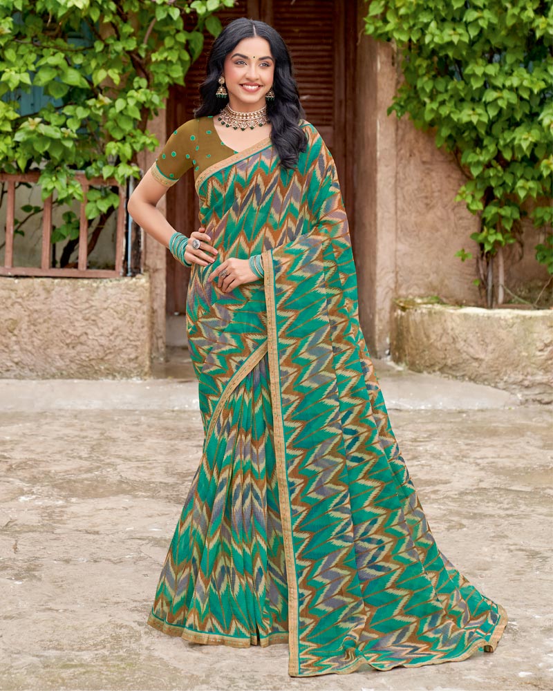Vishal Prints Pine Green Printed Fancy Chiffon Saree With Fancy Border
