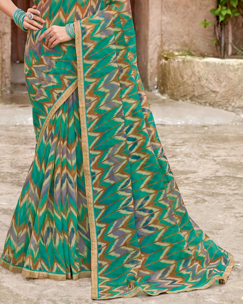 Vishal Prints Pine Green Printed Fancy Chiffon Saree With Fancy Border