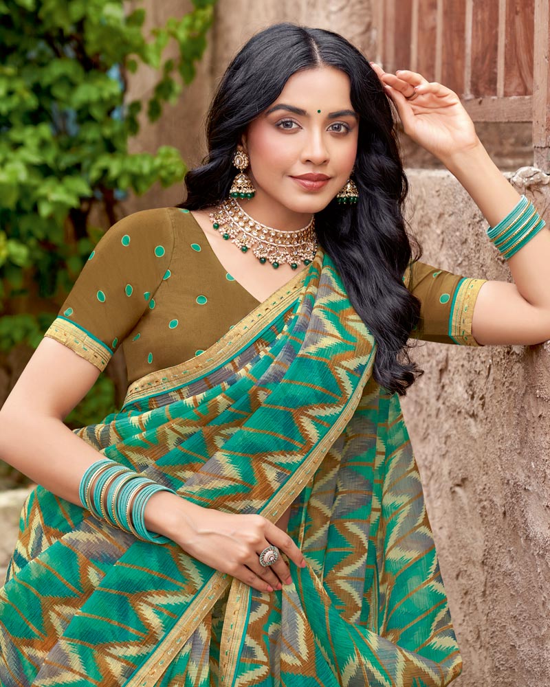 Vishal Prints Pine Green Printed Fancy Chiffon Saree With Fancy Border