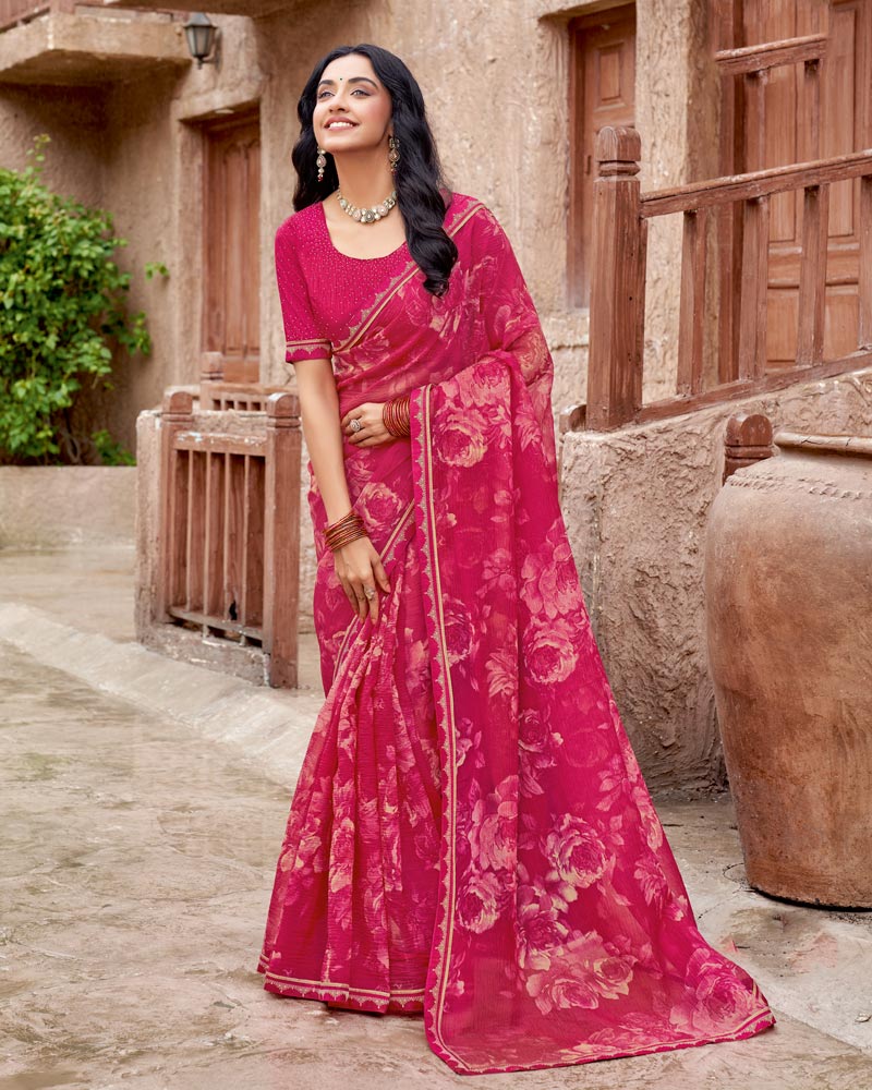 Vishal Prints Purplish Red Printed Fancy Chiffon Saree With Fancy Border