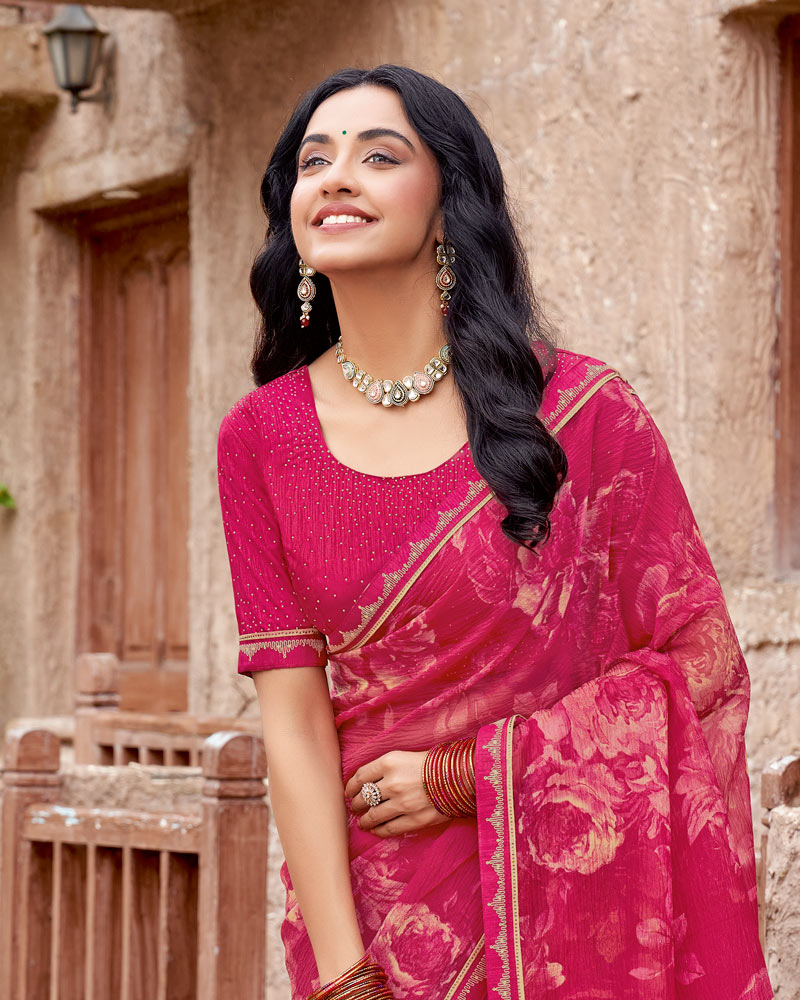 Vishal Prints Purplish Red Printed Fancy Chiffon Saree With Fancy Border