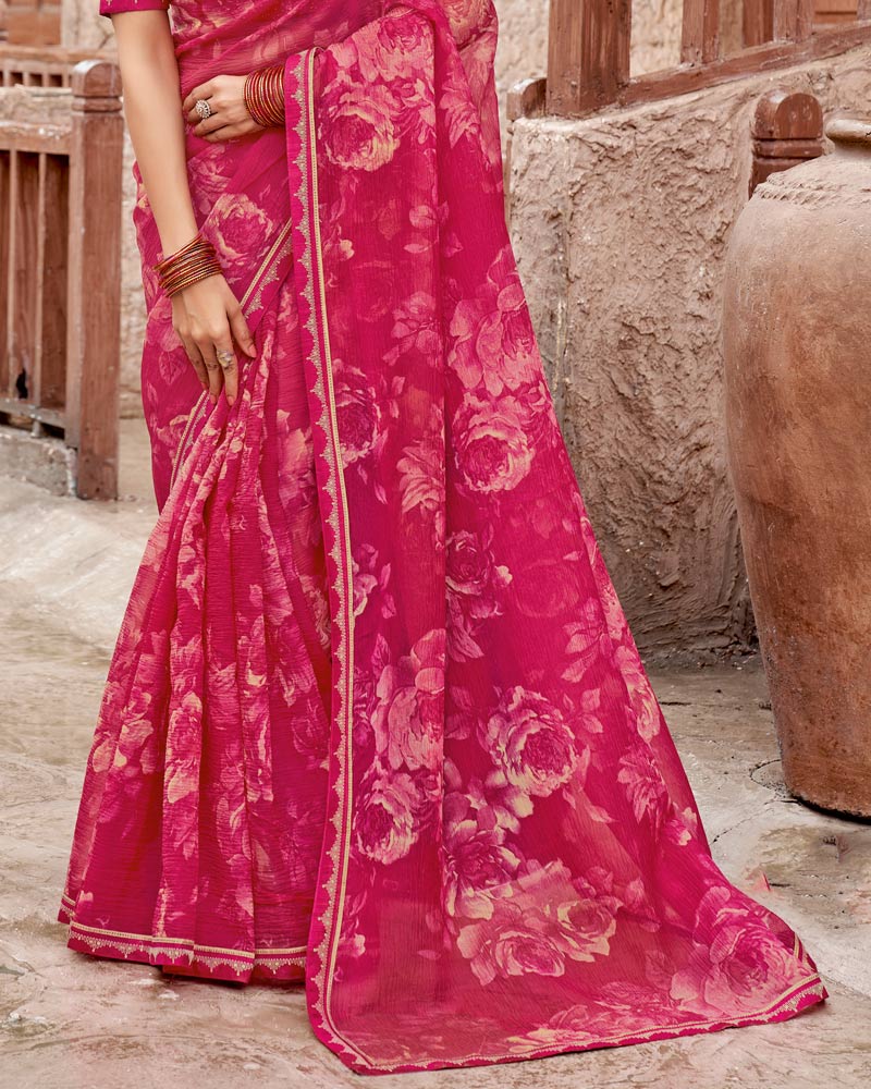 Vishal Prints Purplish Red Printed Fancy Chiffon Saree With Fancy Border