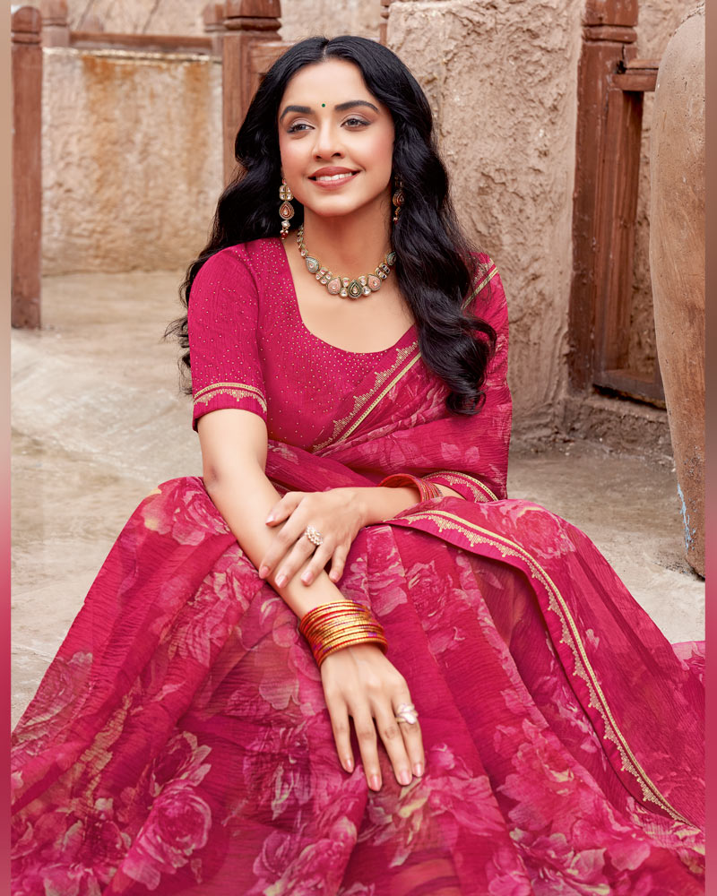 Vishal Prints Purplish Red Printed Fancy Chiffon Saree With Fancy Border