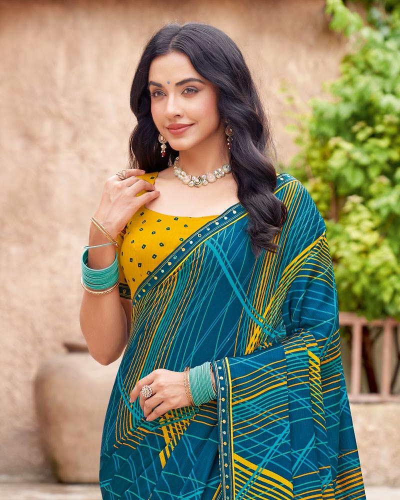 Vishal Prints Regal Blue Printed Fancy Chiffon Saree With Fancy Border