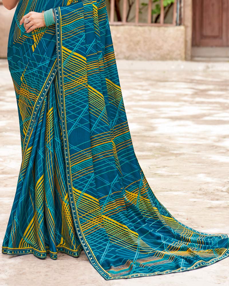 Vishal Prints Regal Blue Printed Fancy Chiffon Saree With Fancy Border