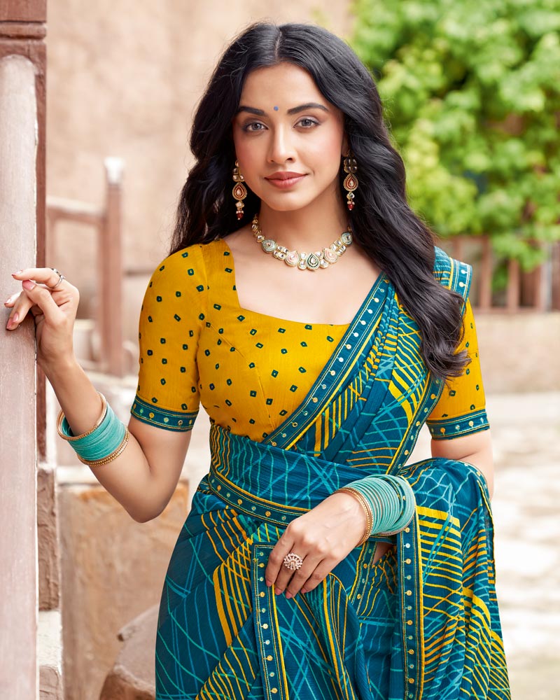Vishal Prints Regal Blue Printed Fancy Chiffon Saree With Fancy Border