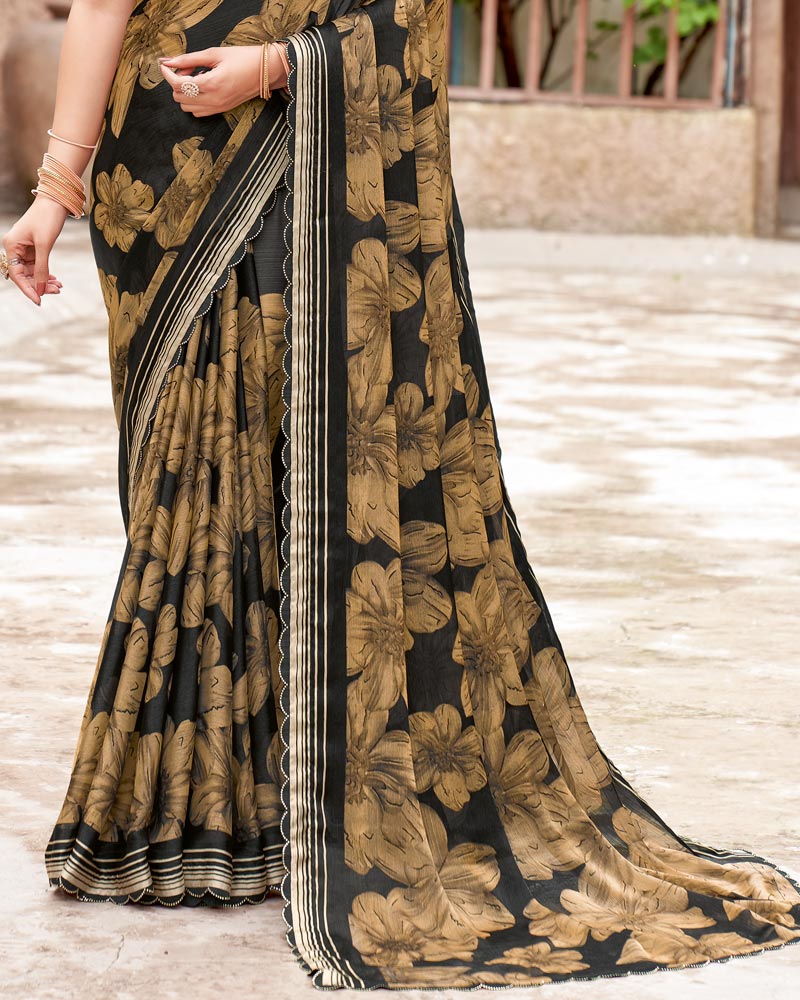 Vishal Prints Charcoal Black Printed Fancy Chiffon Saree With Cut Work Border