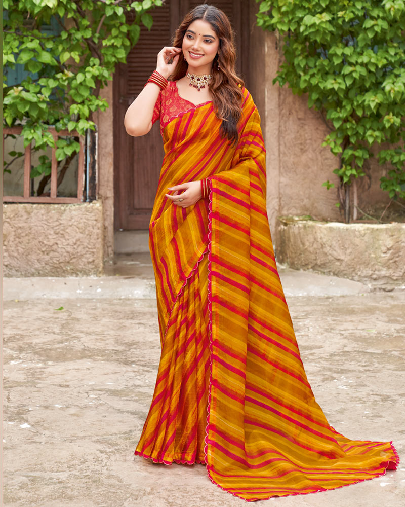 Vishal Prints Cardinal Red And Dusty Orange Printed Fancy Chiffon Saree With Cut Work Border