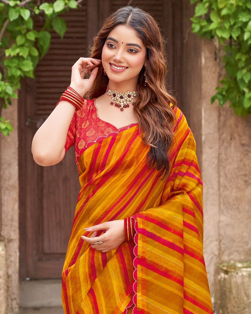 Vishal Prints Cardinal Red And Dusty Orange Printed Fancy Chiffon Saree With Cut Work Border