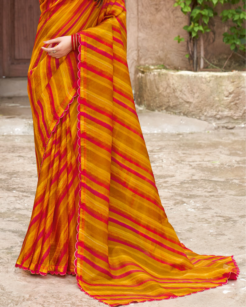 Vishal Prints Cardinal Red And Dusty Orange Printed Fancy Chiffon Saree With Cut Work Border