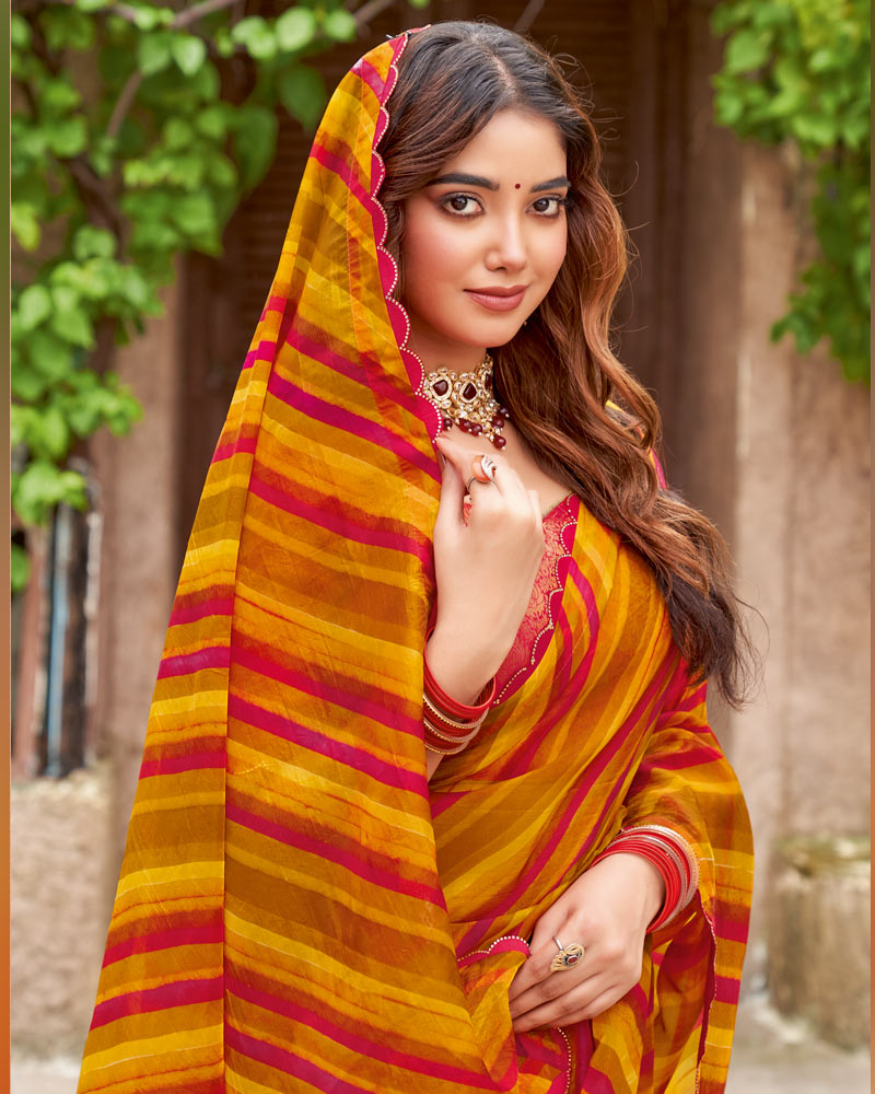 Vishal Prints Cardinal Red And Dusty Orange Printed Fancy Chiffon Saree With Cut Work Border