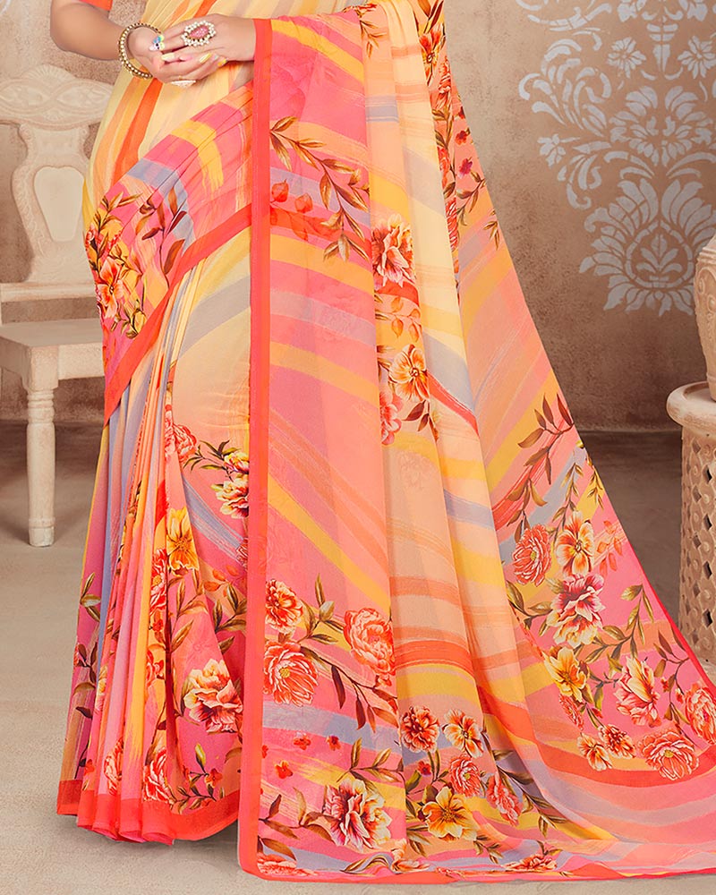 Vishal Prints Pastel Yellow Digital Print Georgette Saree