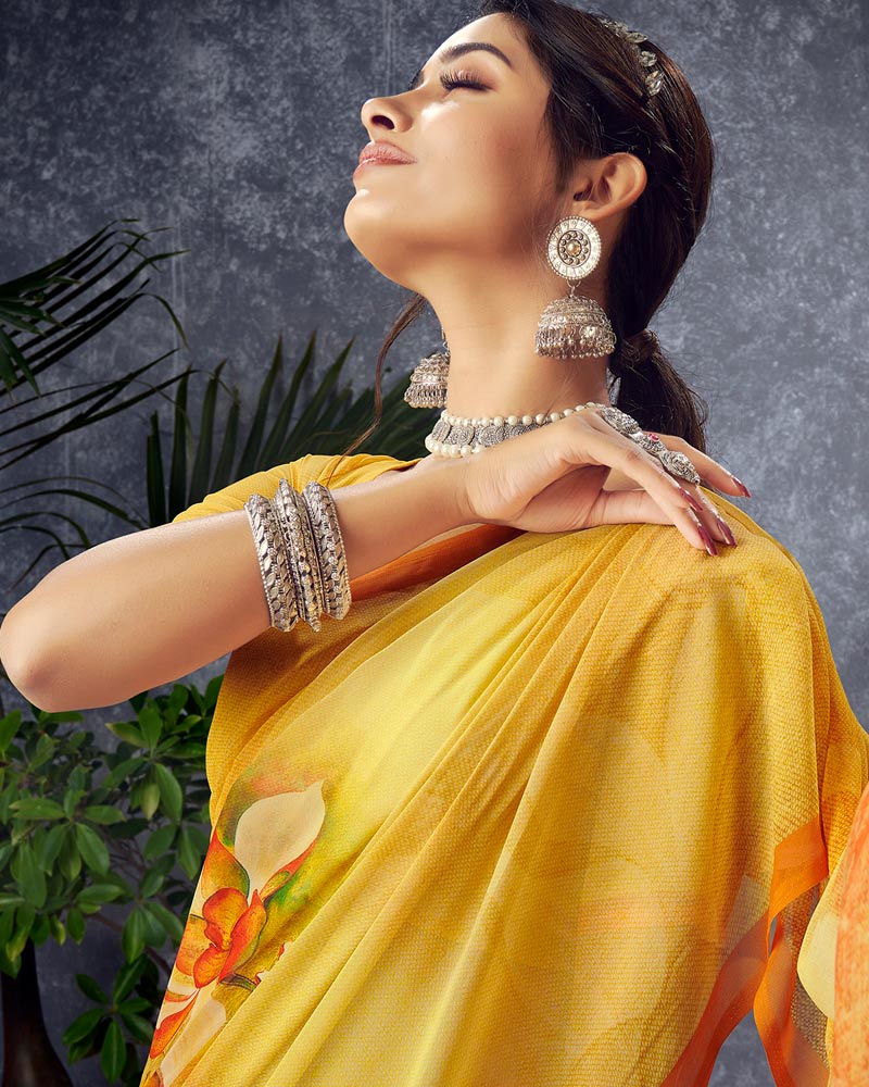 Vishal Prints Yellow Digital Print Georgette Saree