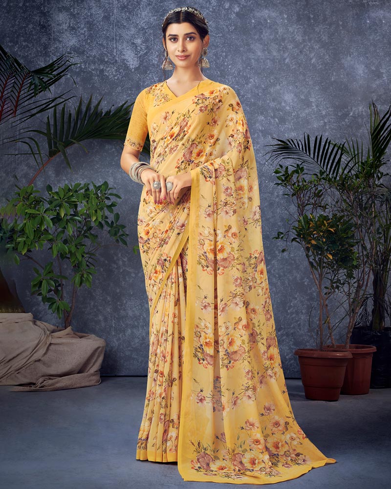 Vishal Prints Light Mustard Digital Print Georgette Saree