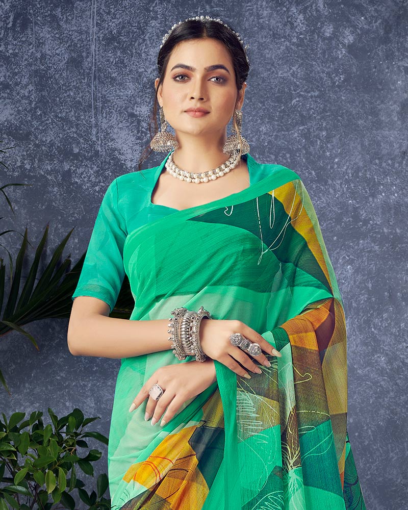 Vishal Prints Dark Mint Green Digital Print Georgette Saree