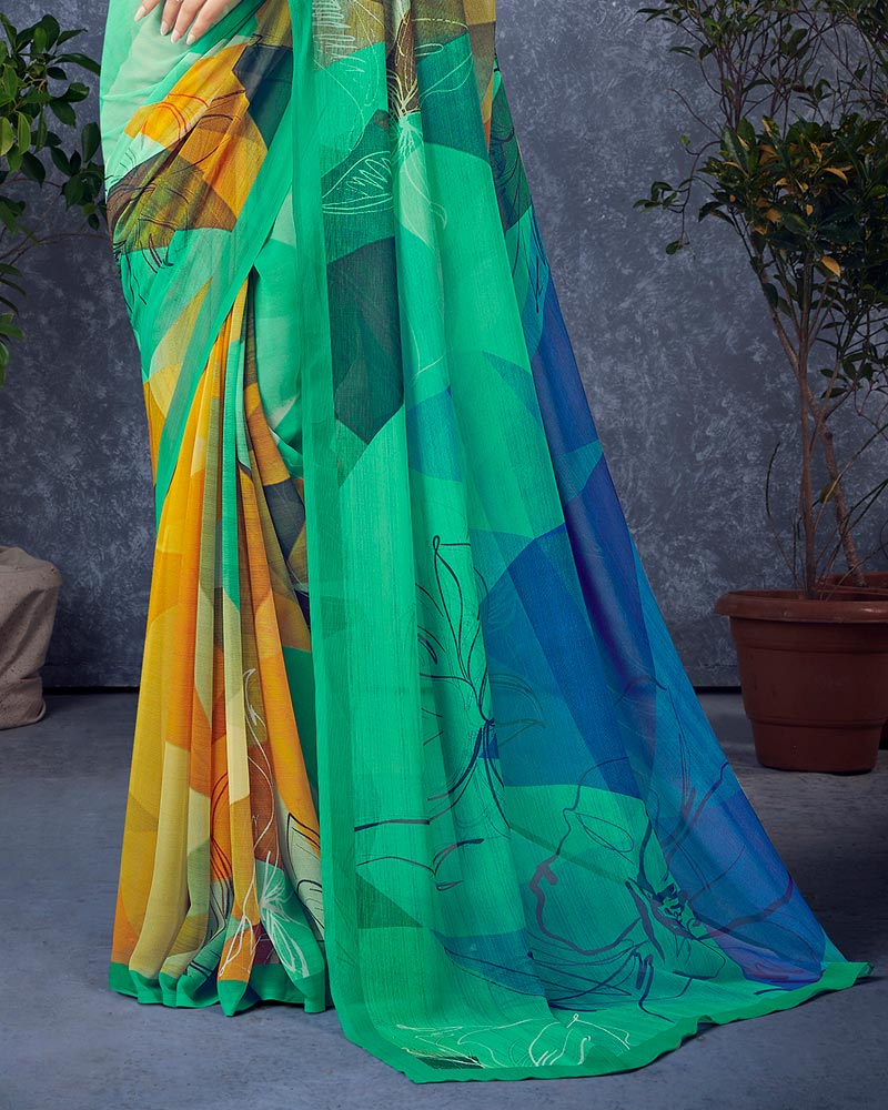 Vishal Prints Dark Mint Green Digital Print Georgette Saree