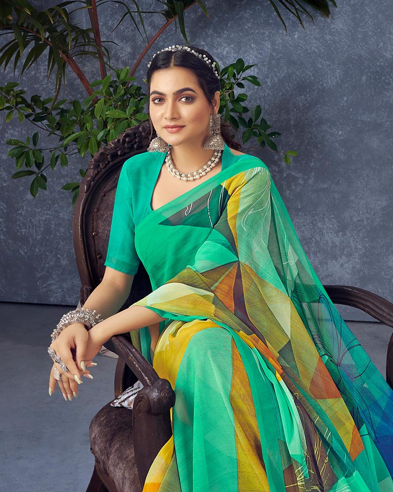 Vishal Prints Dark Mint Green Digital Print Georgette Saree