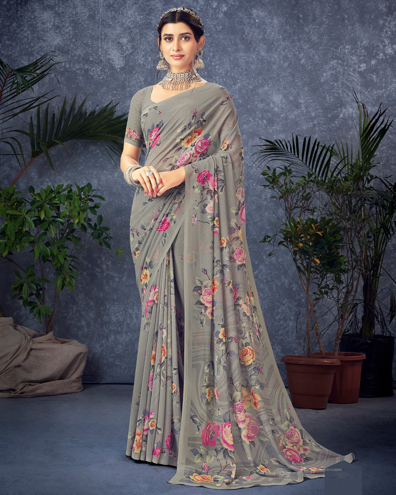 Vishal Prints Grey Digital Print Georgette Saree