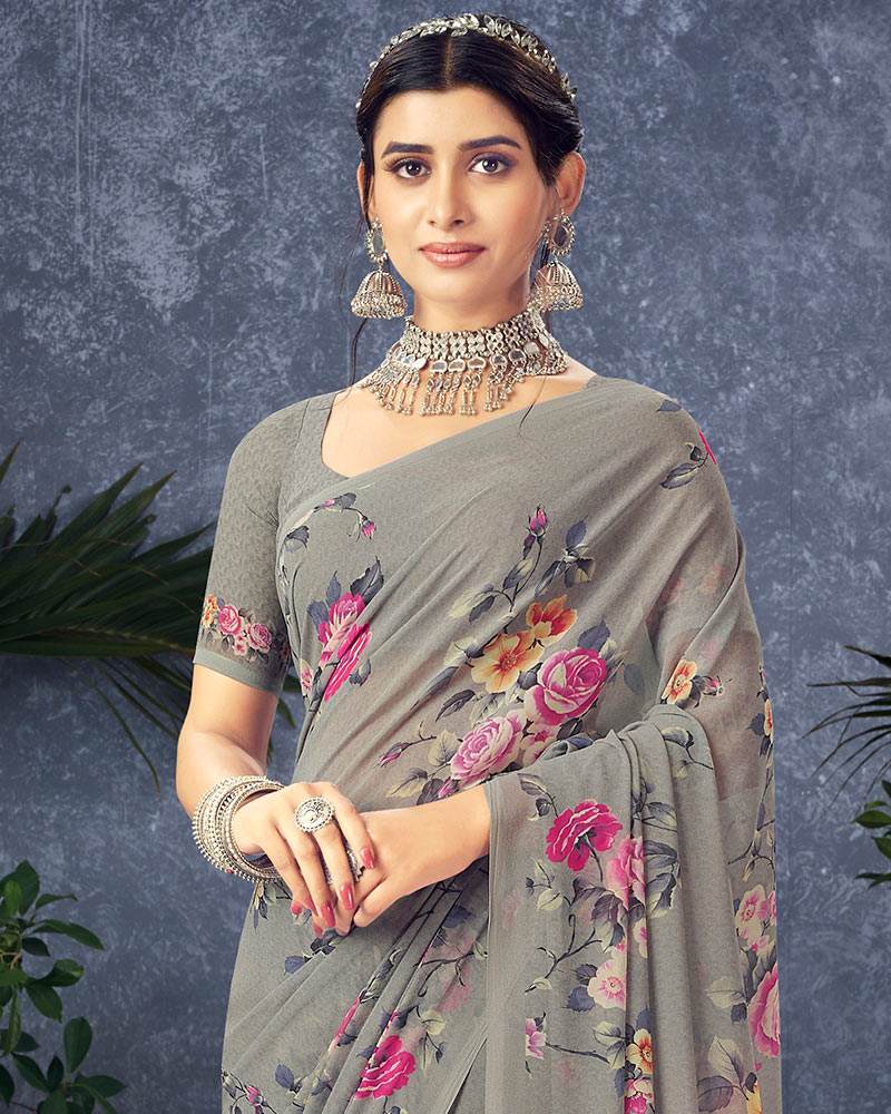 Vishal Prints Grey Digital Print Georgette Saree