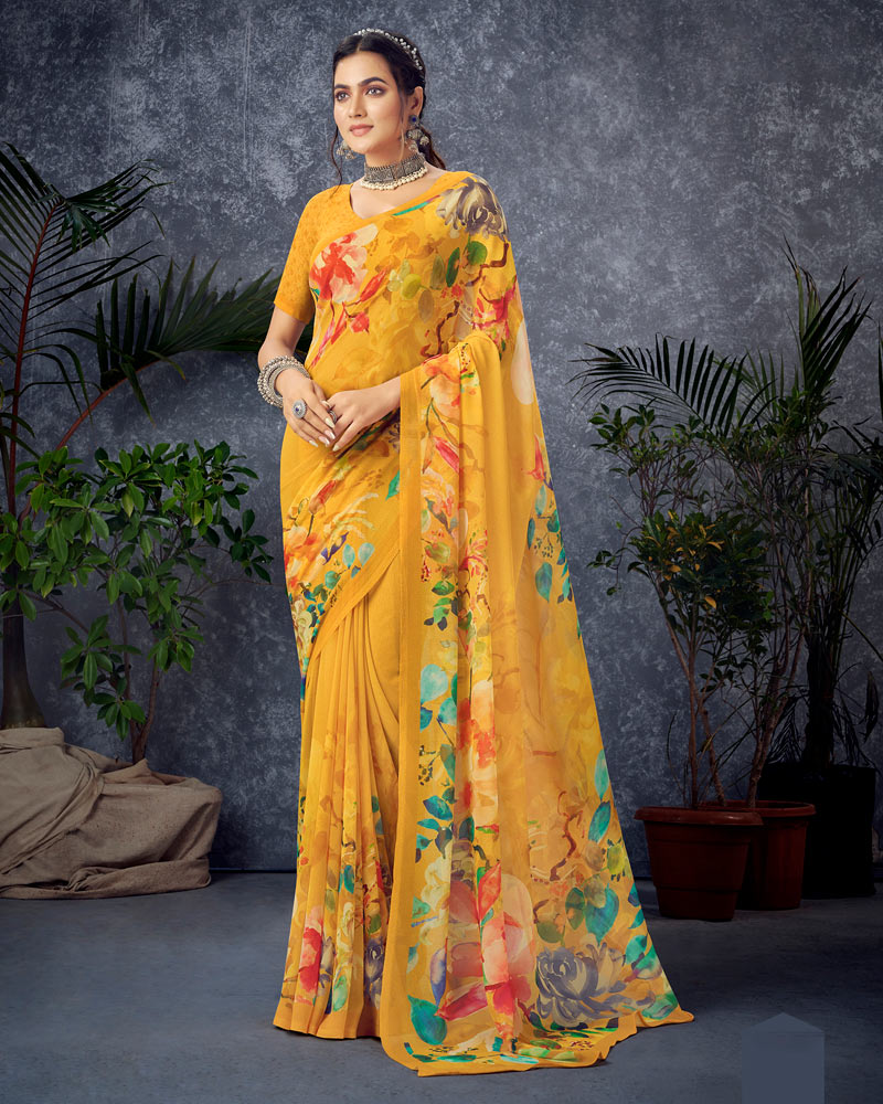 Vishal Prints Golden Yellow Digital Print Georgette Saree