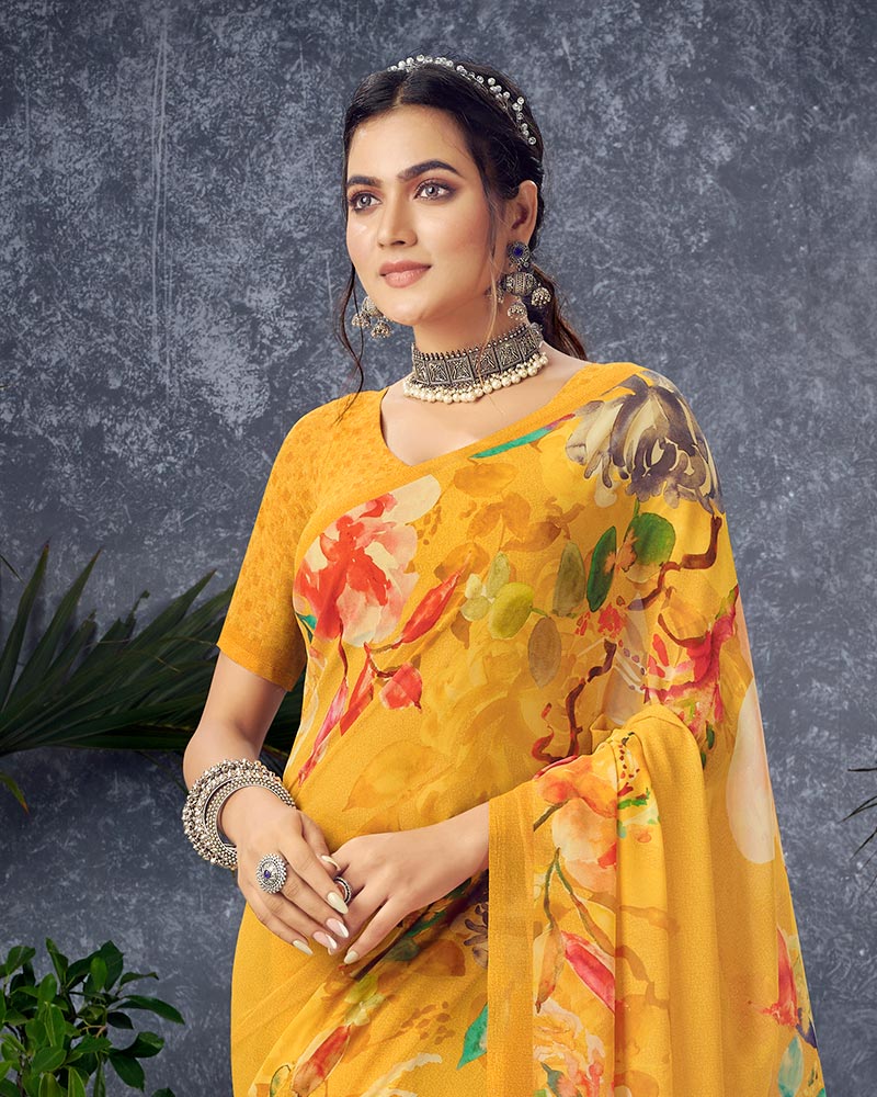 Vishal Prints Golden Yellow Digital Print Georgette Saree