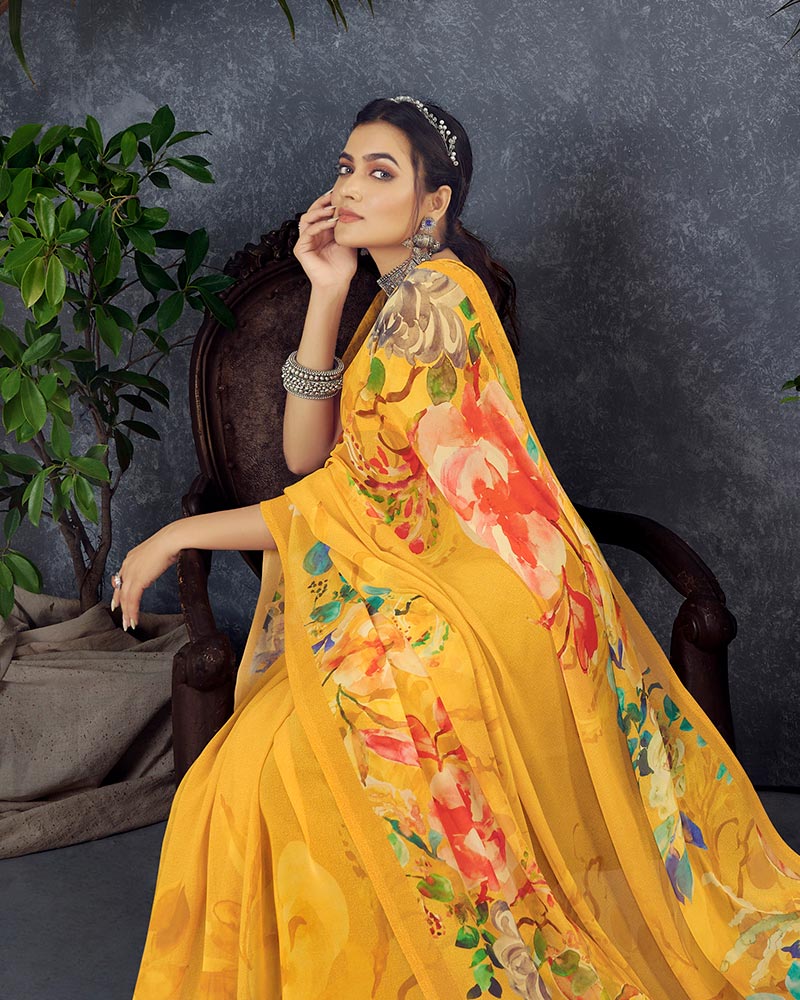 Vishal Prints Golden Yellow Digital Print Georgette Saree