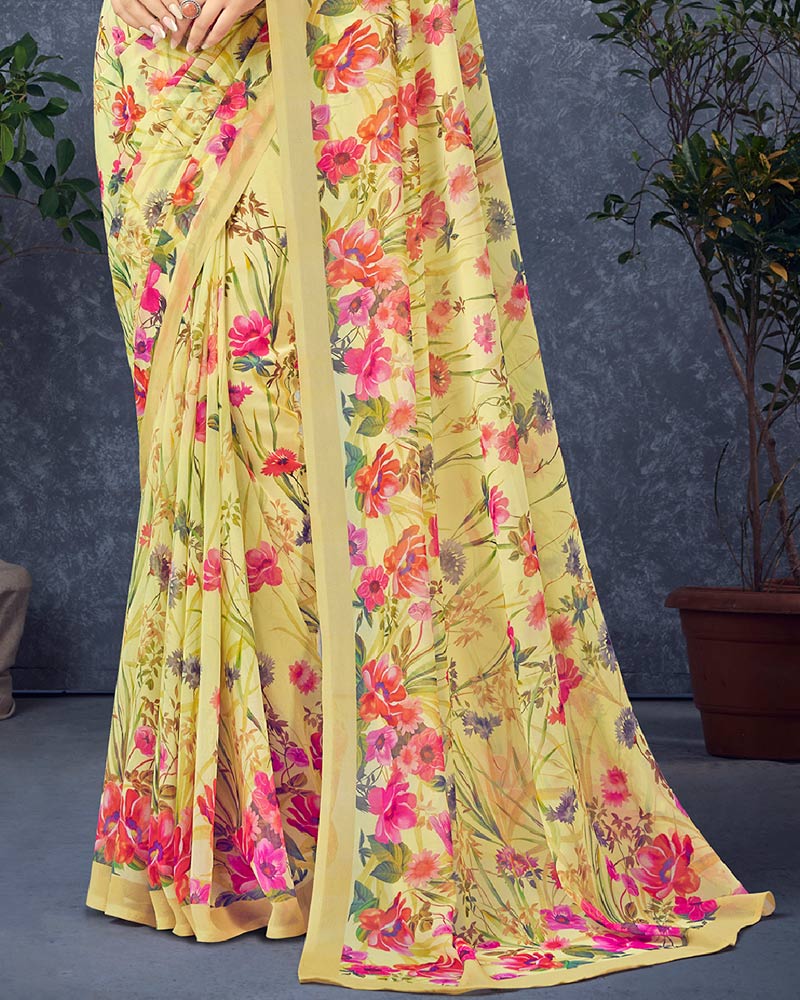 Vishal Prints Pastel Yellow Digital Print Georgette Saree