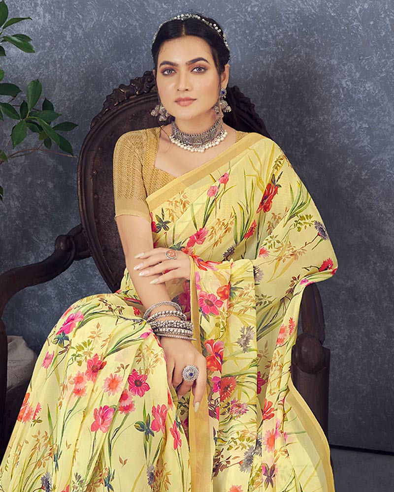 Vishal Prints Pastel Yellow Digital Print Georgette Saree