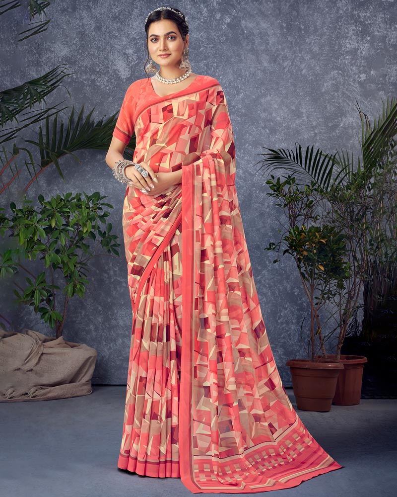Vishal Prints Pastel Red Digital Print Georgette Saree