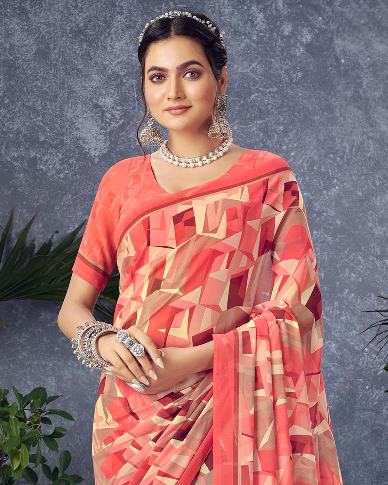 Vishal Prints Pastel Red Digital Print Georgette Saree