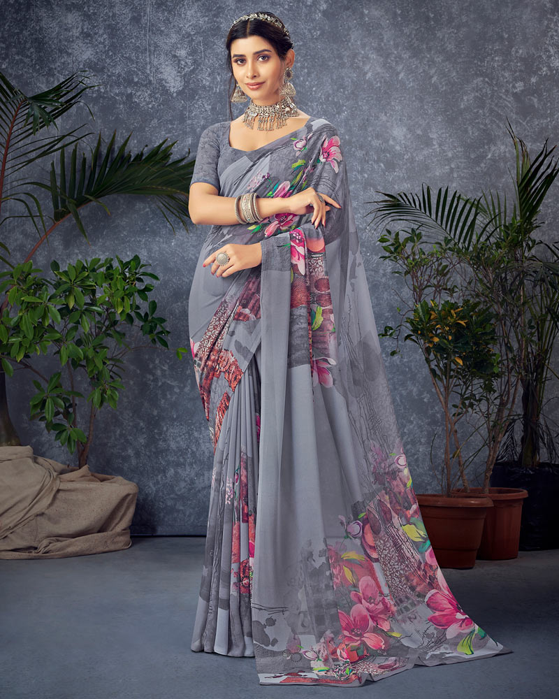 Vishal Prints Cool Grey Digital Print Georgette Saree