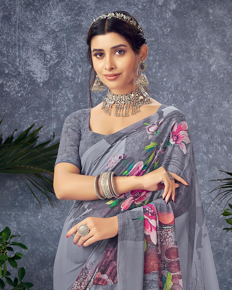 Vishal Prints Cool Grey Digital Print Georgette Saree