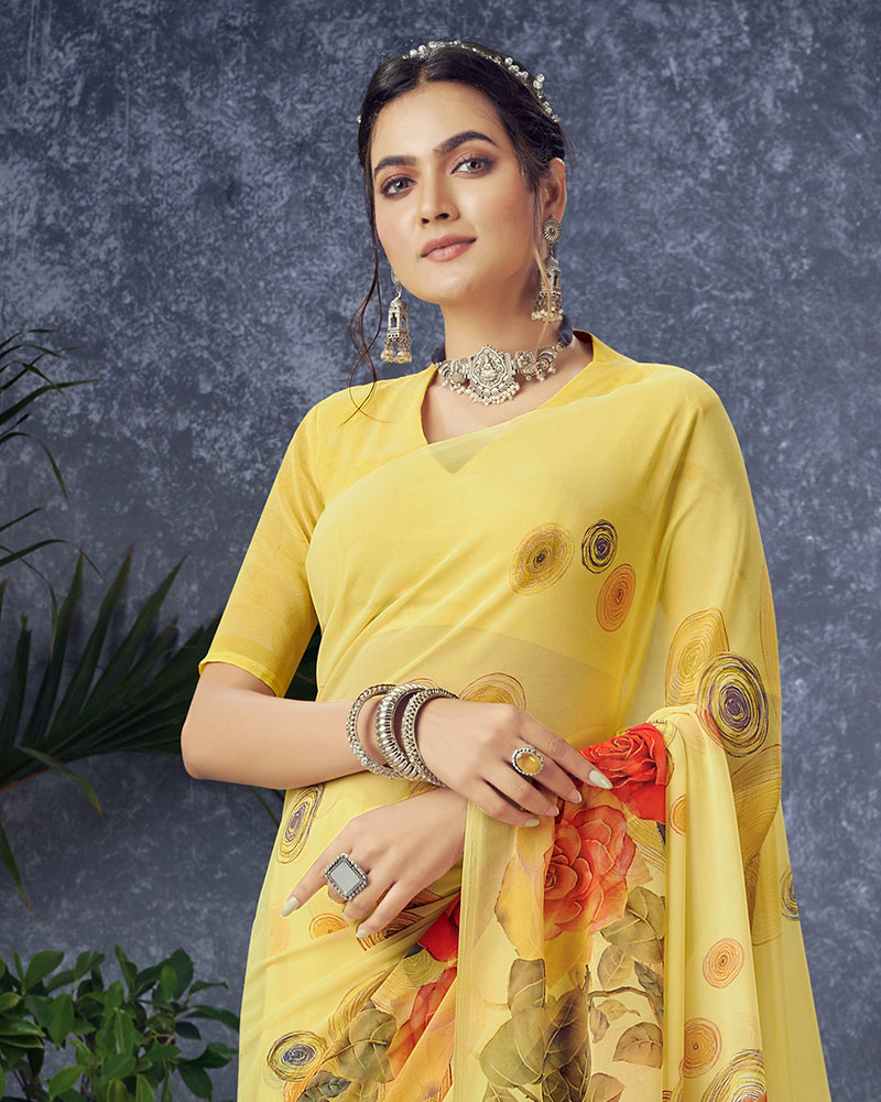 Vishal Prints Light Yellow Digital Print Georgette Saree