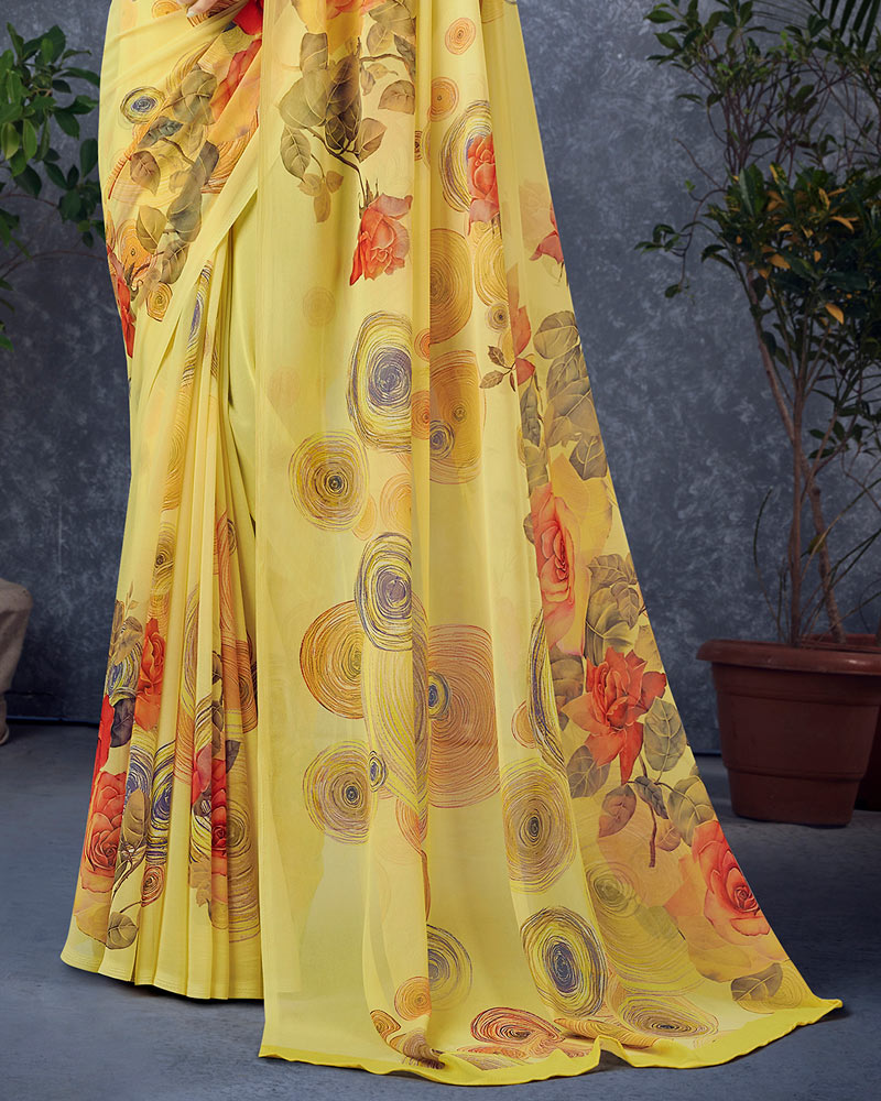 Vishal Prints Light Yellow Digital Print Georgette Saree