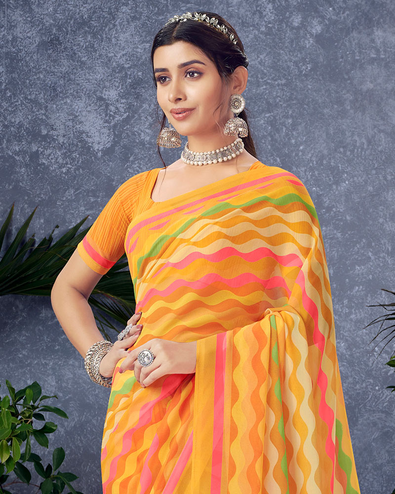 Vishal Prints Dark Yellow Digital Print Georgette Saree