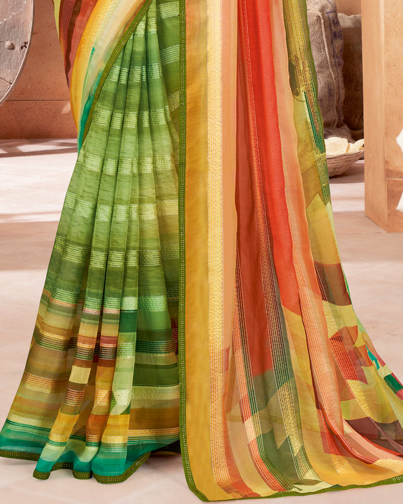 Vishal Prints Multi Green Fancy Chiffon Digital Print Saree With Diamond Work Satin Piping