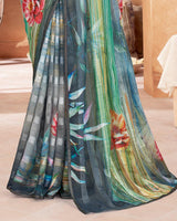 Vishal Prints Dark Grey Fancy Chiffon Digital Print Saree With Diamond Work Satin Piping