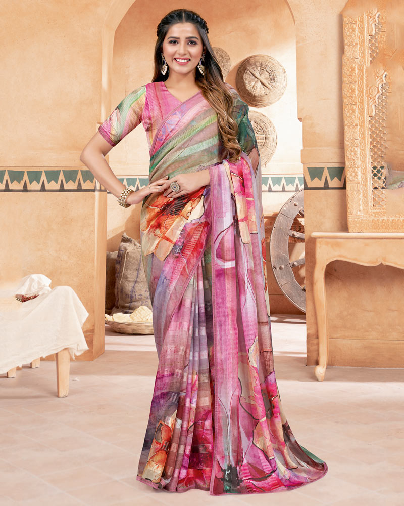 Vishal Prints Pink Fancy Chiffon Digital Print Saree With Diamond Work Satin Piping