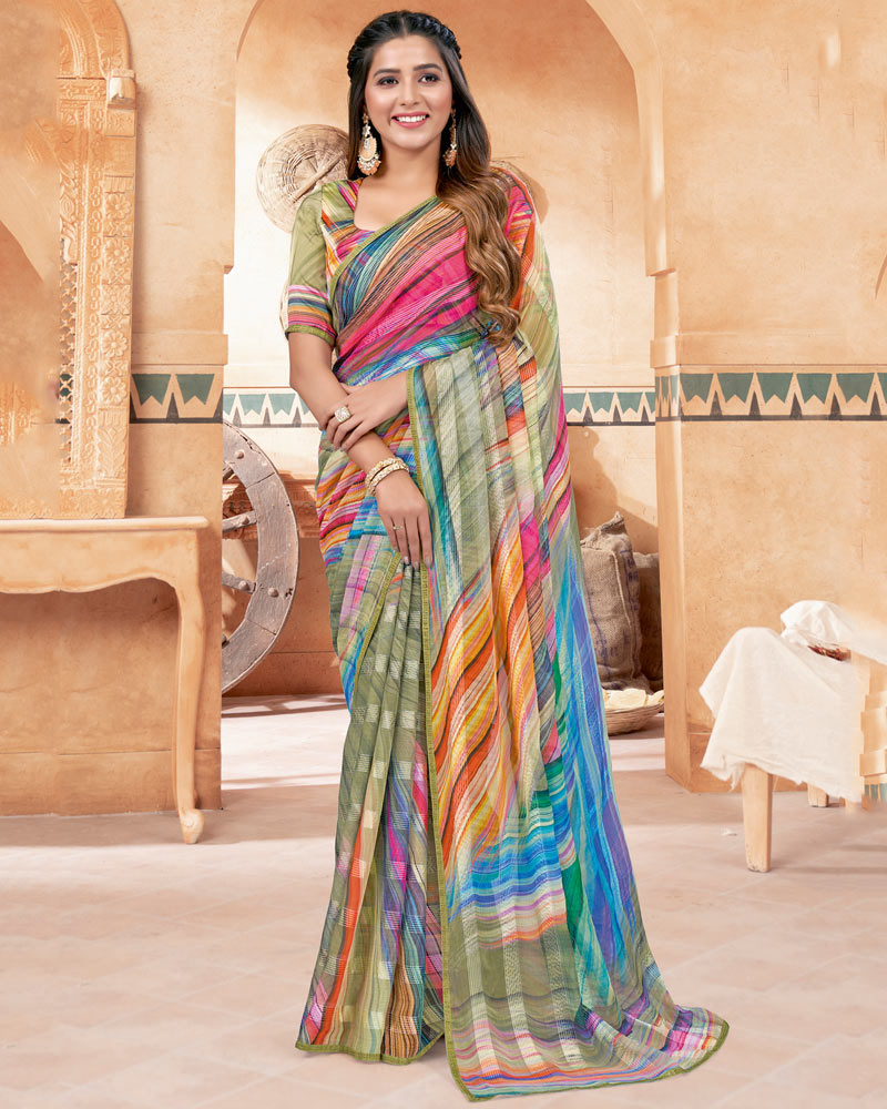 Vishal Prints Multi Color Fancy Chiffon Digital Print Saree With Diamond Work Satin Piping