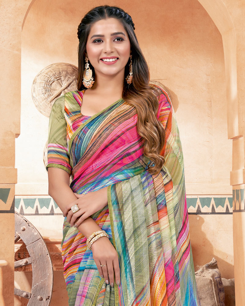 Vishal Prints Multi Color Fancy Chiffon Digital Print Saree With Diamond Work Satin Piping