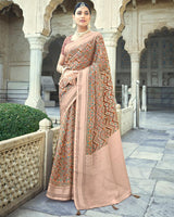 Vishal Prints Pastel Red Printed Designer Tissue Brasso Saree With Tassel