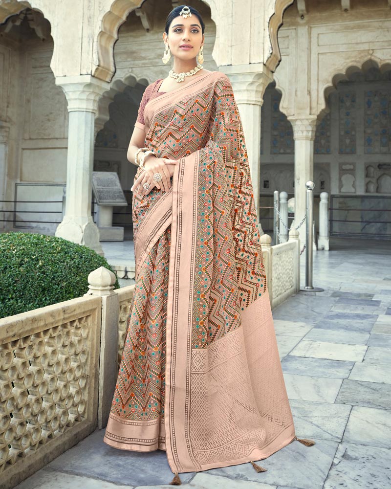 Vishal Prints Pastel Red Printed Designer Tissue Brasso Saree With Tassel