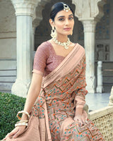 Vishal Prints Pastel Red Printed Designer Tissue Brasso Saree With Tassel