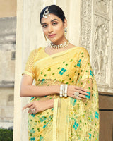 Vishal Prints Light Yellow Printed Designer Tissue Brasso Saree With Tassel