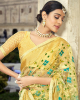 Vishal Prints Light Yellow Printed Designer Tissue Brasso Saree With Tassel