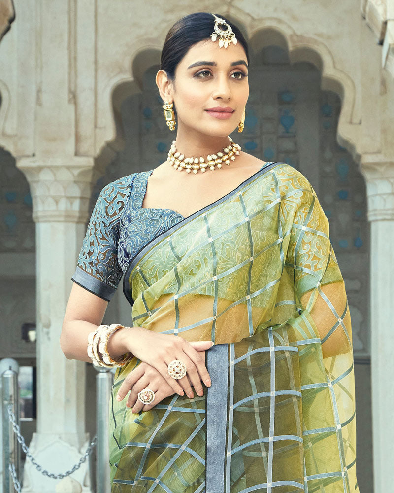 Vishal Prints Dark Olive Green Printed Designer Tissue Brasso Saree With Tassel
